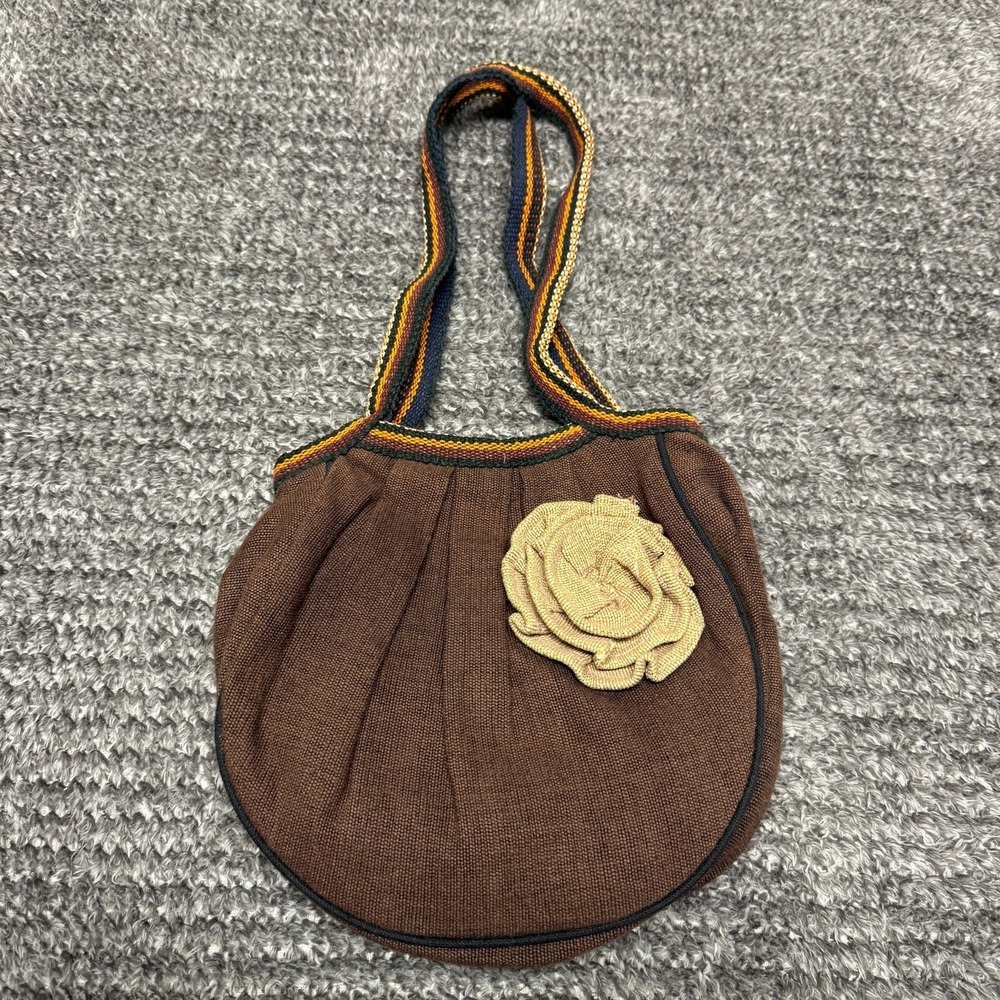 EARTH DIVAS Fair Trade Knit Handbag Shoulder Bag Floral Rosette Brown Multicolor